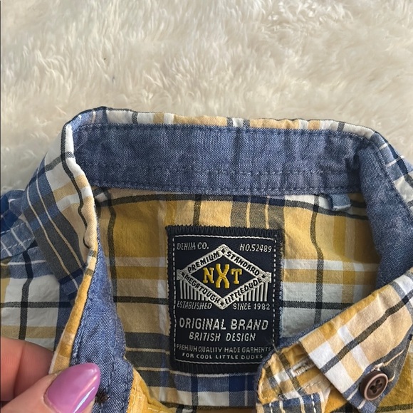 😍Yellow Plaid Button-Up Shirt and Red Sweatshirt Set size 12 months - Picture 2 of 3